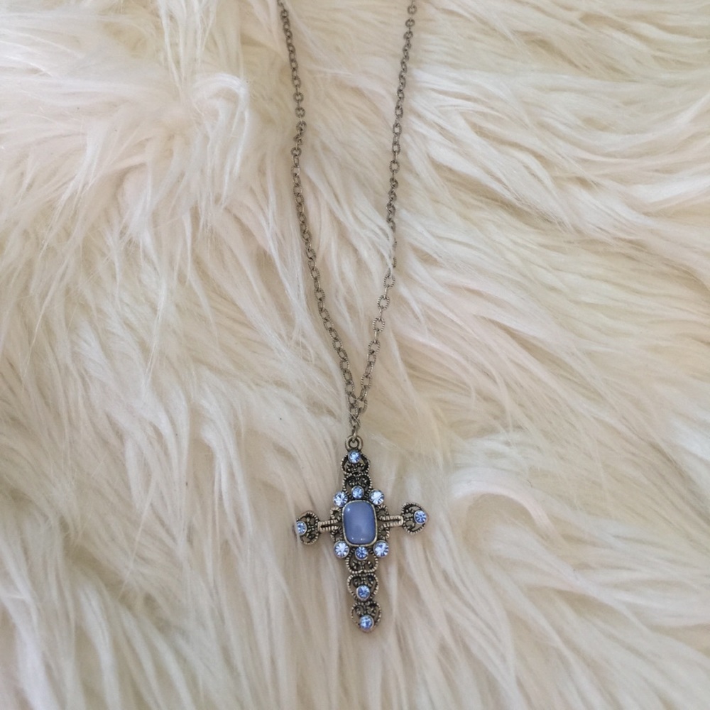 1928 Jewelry Silver-Tone Blue Cross Necklace